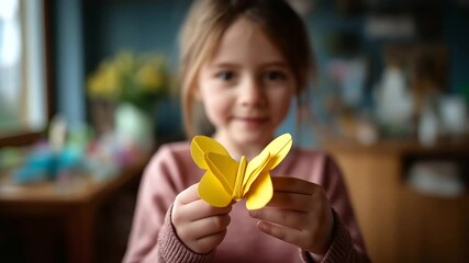 Youngster holding paper craft butterfly faceless child defocused background used in materials about creativity development artistic expression scene educational craft moment