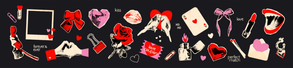 Love and Valentine's day halftone art collage cut outs set. Paper clipping shapes. Stickers with vintage dot texture and doodles for scrapbook. Modern retro grunge mixed media vector illustration