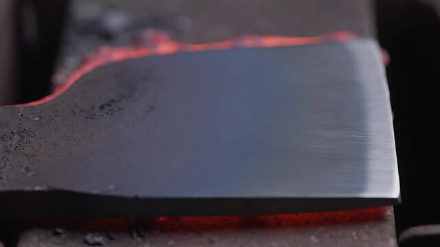 Forged metal being shaped on an anvil in a workshop with sparks flying around