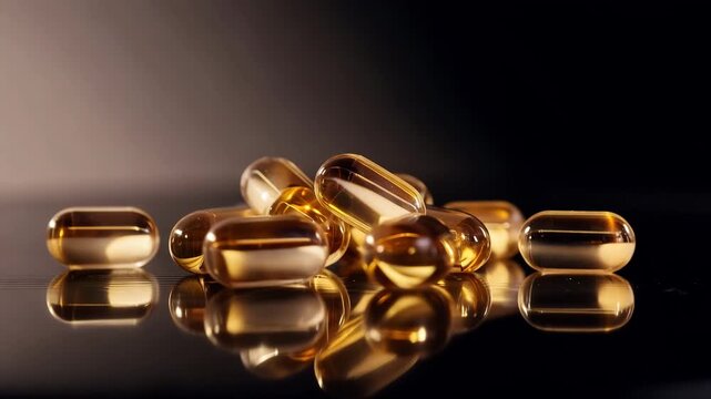 Golden omega 3 fish oil capsules slow motion healthy supplement nutrition vitamin healthcare background copy space pharmaceutical gold oil amber clear medicine gel softgel wellness treatment