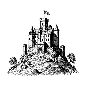 Medieval castle on hilltop engraving.