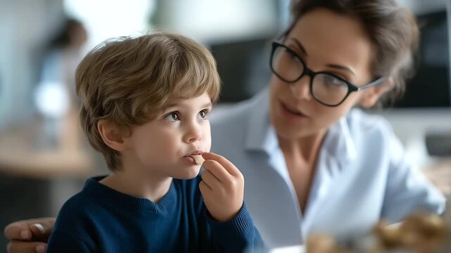Speech therapist works with youngster on language development exercises faceless professional child defocused office background medical professional helps improve communication