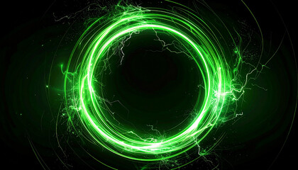 Round glowing ring of energy, neon sparks and electric flashes swirling, radiant green light beam