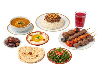 ramadan feast: assorted middle eastern dishes with kebabs, hummus, rice, and flatbread