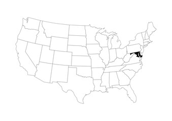 Fototapeta premium Maryland (MD) State Location Map - Vector A4 Locator Highlight - Black State on Continental US Outline - Transparent Background SVG for Business & Education