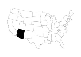 Fototapeta premium Arizona (AZ) State Location Map - Vector A4 Locator Highlight - Black State on Continental US Outline - Transparent Background SVG for Business & Education