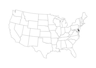Fototapeta premium Delaware (DE) State Location Map - Vector A4 Locator Highlight - Black State on Continental US Outline - Transparent Background SVG for Business & Education