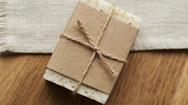 Handmade soap bar is wrapped in brown paper and tied with twine sitting on a wooden surface. Soft natural tones and textures create inviting image. Concept of small business, gift shop, home goods