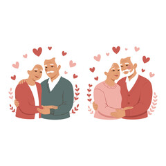 Elderly couple embracing with hearts