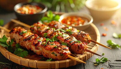 Artistic Lemongrass Skewers Layout. Barbeque Skewers Close Up