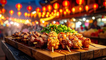 Night Market Skewer Platter. Barbeque Skewers Close Up