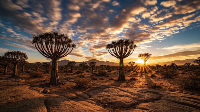 Time-lapse of Sunset Over Quiver Trees in Namibia Capturing Desert Landscape with Dramatic Sky
