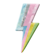 Nostalgic retro-futuristic lightning bolt clipart in pastel colors with chrome and holographic accents
