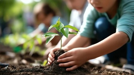 Authentic youngsters hands planting tree seedling faceless children defocused natural background environmental education inspiration family sustainability concept ecological