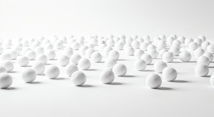 High angle view of many white clay balls or spheres arranged on a white background.