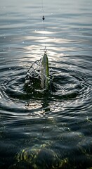 Fishing lure splashing into water with ripples and droplets during a sunny day. Sport fishing and outdoor recreation concept.