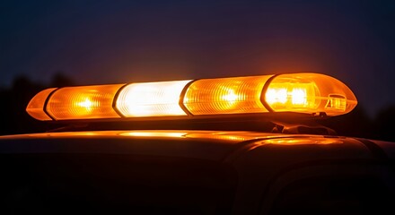 Glowing orange emergency light bar or siren on a vehicle roof at night.