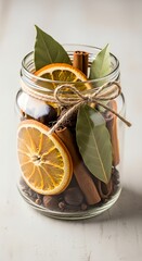 Glass jar filled with dried orange slices, cinnamon sticks, and bay leaves tied with twine.