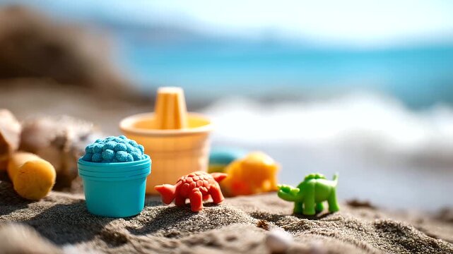 Sand toys for youngsters development skills defocused beach background educational play tools sensory learning materials developmental toy display recreational learning scene