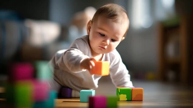 Adorable infant playing with colorful construction blocks on floor faceless baby defocused background cute development game learning toy fun childhood educational play