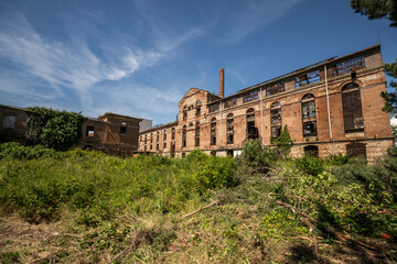 Fototapeta premium Abandoned sugar factory interior in Italy. Industrial urbex photography of derelict refinery ruins with rusted machinery and old architecture