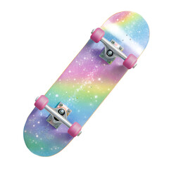 A skateboard features a pastel cyber color palette with holographic and chrome details.