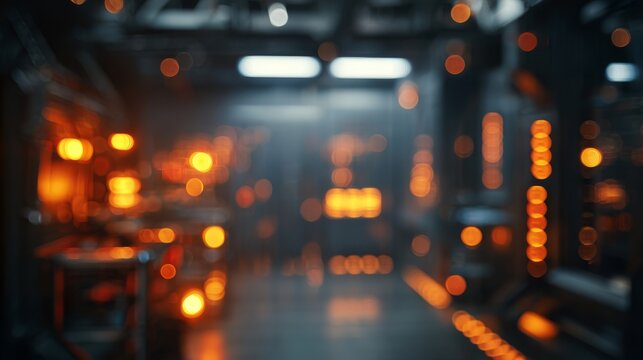 Space station laboratory with warm orange bokeh lights and scientific equipment - Powered by Adobe