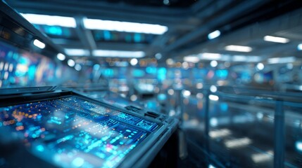 Space station command center with holographic display reflections and cool tones