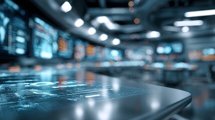 Space station command center with holographic display reflections and cool tones