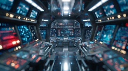 Space station command center with holographic display reflections and cool tones