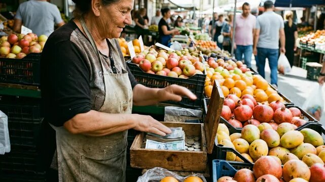 Woman counting cash at market stall filled with colorful fruits. Bright open space with many shoppers nearby. Concept of food retail, local markets, small business