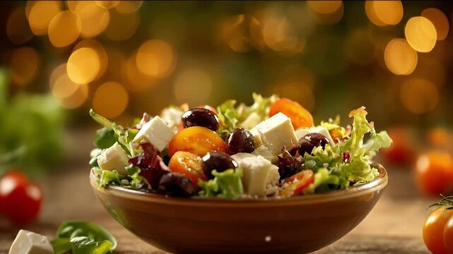 Falling feta cheese and olives landing in fresh Greek salad bowl on rustic wooden table with warm bokeh lights