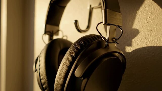 Headphones hang on hook with sunlight casting shadows on wall. Clear definition of light and texture. Concept of audio equipment, music industry, sound design