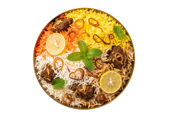 colorful mixed rice biryani platter with lemon slices and mint