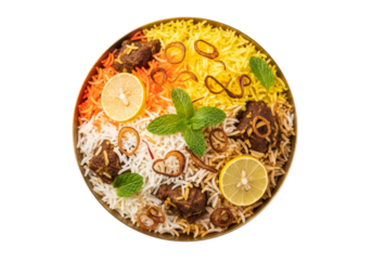 colorful mixed rice biryani platter with lemon slices and mint