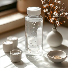 Minimalist Flat Lay Featuring Clear Reusable Bottles With Aesthetic Labeling a White Table With Shadow Details