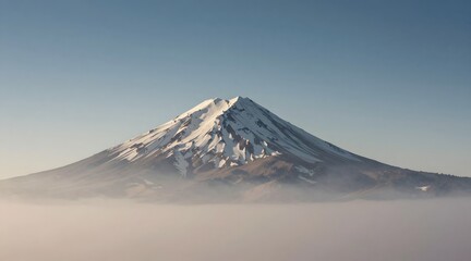 Snow capped mountain rising over sea of fog on a clear day