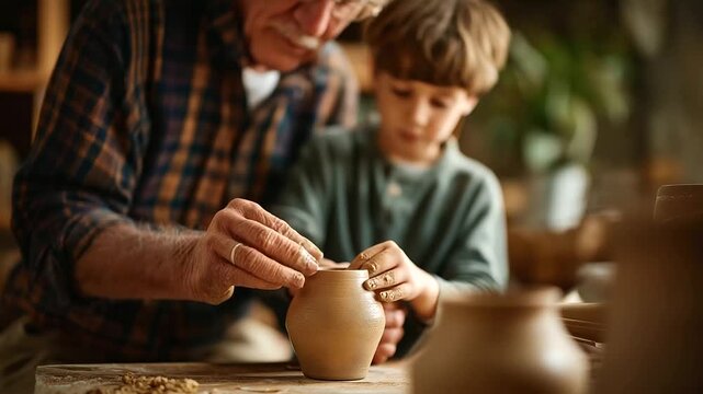 Grandparent and grandchild working together on pottery faceless elder youngster defocused craft background intergenerational activity scene artistic skill development creative