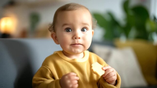 Food and treat with infant in residence faceless baby defocused living room background teething nutrition calcium snack growth eating weaning healthy diet hungry development