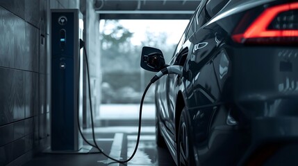 Electric vehicle charging station with car plugged in for power