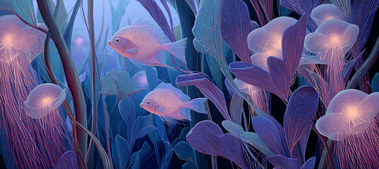 Serene underwater scene with glowing jellyfish and vibrant fish swimming amidst lush aquatic plants in a coral reef ecosystem.