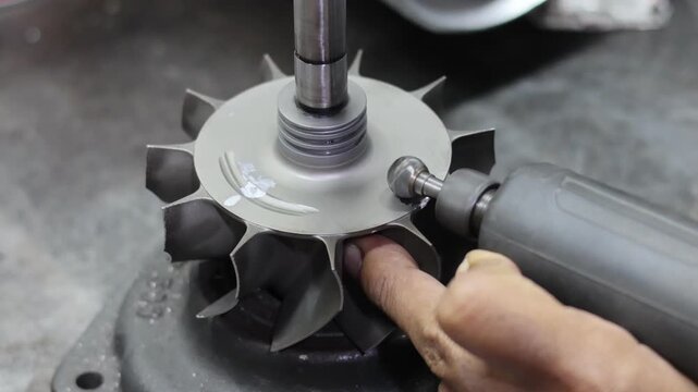 Close-up of a technician's hands using a professional rotary burr die grinder to clean and finish a metal turbocharger turbine wheel in a mechanical workshop.
