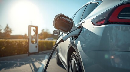 Electric vehicle charging station with car plugged in and sunlight shining