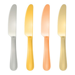 Vector 3d Stainless Steel Silver and Golden Dinner Knives Set. Modern Table Knife Flatware for Dining Table Setting. Restaurant Catering Cutlery Collection, Isolated