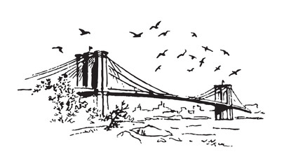 New York, USA. Brooklyn bridge, Travel sketch