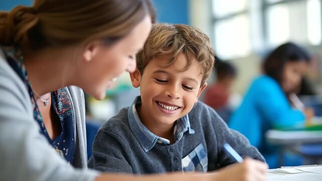 Joyful youngster studies learns plays with educator in classroom faceless child teacher defocused supportive background inclusive education environment happy special needs scho