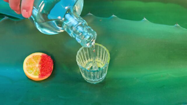 Pouring traditional mexican mezcal in a shot glass