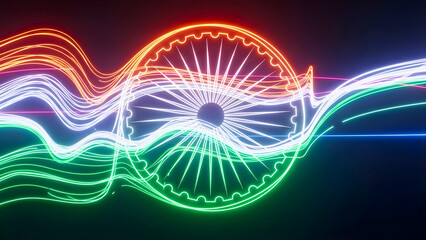 Vibrant neon light installation resembling Indian flag in modern art display
