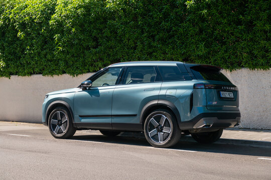Na Taconera, Mallorca - October 18, 2025: Blue Jaecoo J7 car on the street of small town