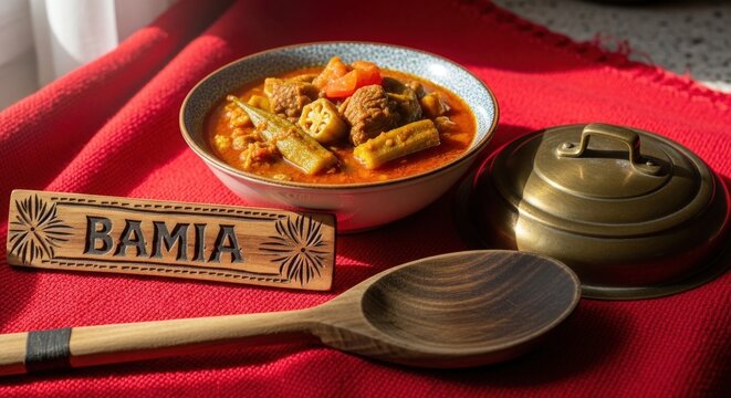 Traditional Bamia Okra Stew in Bowl on Red Macawiis with Acacia Sign and Antique Brass